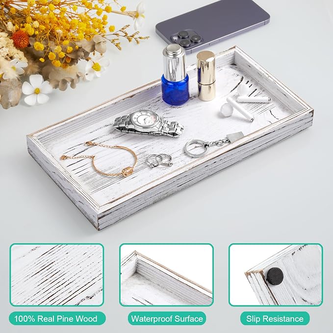 ALELION 13" White Bathroom Vanity Tray for Counter - Wood Decorative Tray for Toilet Tank Makeup Perfume Jewelry Catchall Table - Wooden Kitchen Countertop Organizer for Soap Dispenser