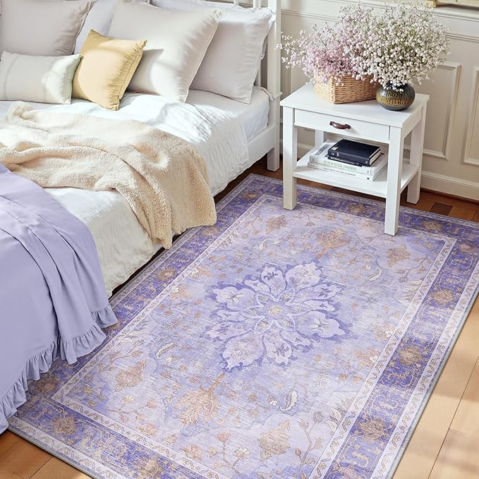 RELEANY Area Rugs 3'x4' Washable Non-Slip, Floral Vintage Distress Medallion Carpet for Living Room Bedroom Dining Room, Light Purple Brown