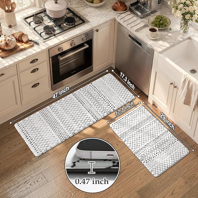 KIMODE Kitchen Mats 2PCS,Cushioned Anti Fatigue Kitchen Rugs and Mats,Non Skid Waterproof Kitchen Mats for Floor,Comfort Foam Standing Mat for Home Decor, Office,Sink,Laundry Room,Desk,Black and White
