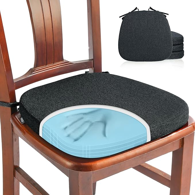 SINOSSO 4 Pack Memory Foam Chair Cushions for Dining Chairs, Friendly Woven Fabric 16" U-Shape Comfortable Kitchen Chair Pads, Removable Slip Resistant Seat Cushions (Set of 4, Black)