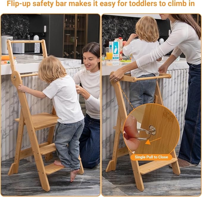 COSYLAND Foldable Toddler Standing Tower - Adjustable Height Folding Step Stool Kids Toddler Kitchen Stool for Learning and Cooking - Ages 18 Months to 6 Years with Safety Net Natural