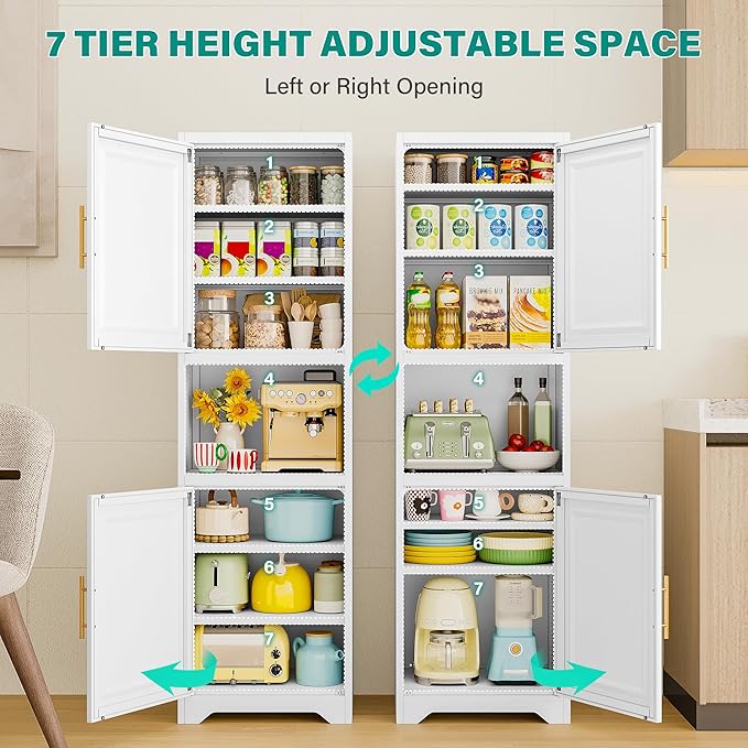 SISESOL 67" Tall Narrow Storage Cabinet with 2 Door and 7 Shelves,Slim Kitchen Pantry Cabinet,White Metal Bathroom Cabinets,Large Cupboard for Home,Kitchen,Laundry,Bathroom
