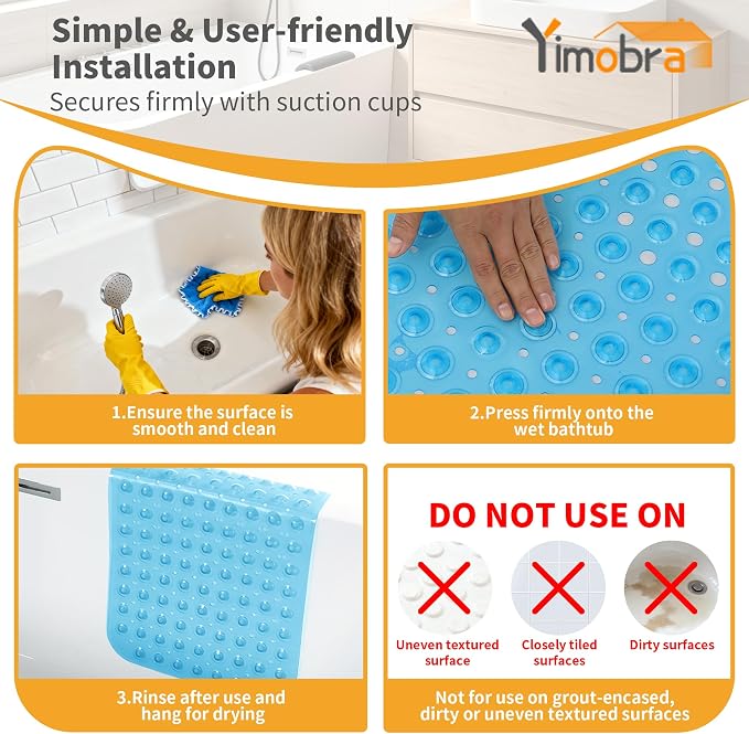Yimobra Non Slip Bathtub Mat 40 x 16 Inch, Extra Long Shower Mat with Drain Holes, Machine Washable Baby Bath Mats, Strong Suction Cups for Bathroom Floor, Clear Blue