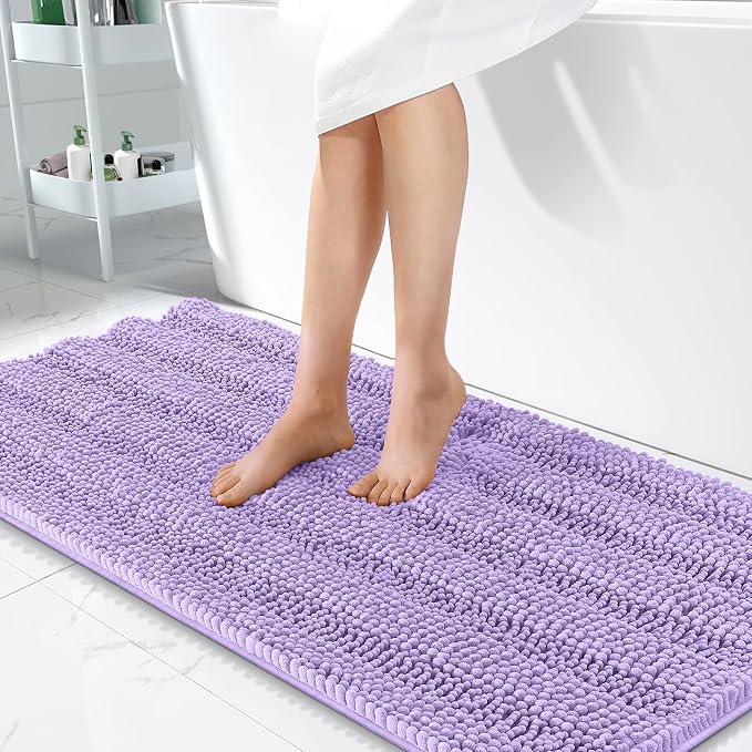 OLANLY Thick Bathroom Runner Rugs 47x24, Extra Absorbent Chenille Striped Bath Rugs, Rubber Backing, Machine Wash Dry, Long Bath Mats for Bathroom, Tub and Shower, Home Decor Accessories, Lavender