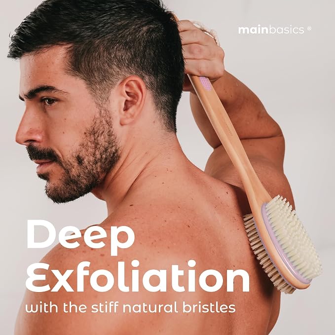 MainBasics Back Scrubber Shower Brush Long Handle Dual Sided Body Brush with Exfoliating Soft Bristles for Back Scrubbing Deep Cleaning and Body Wash (Lavender)