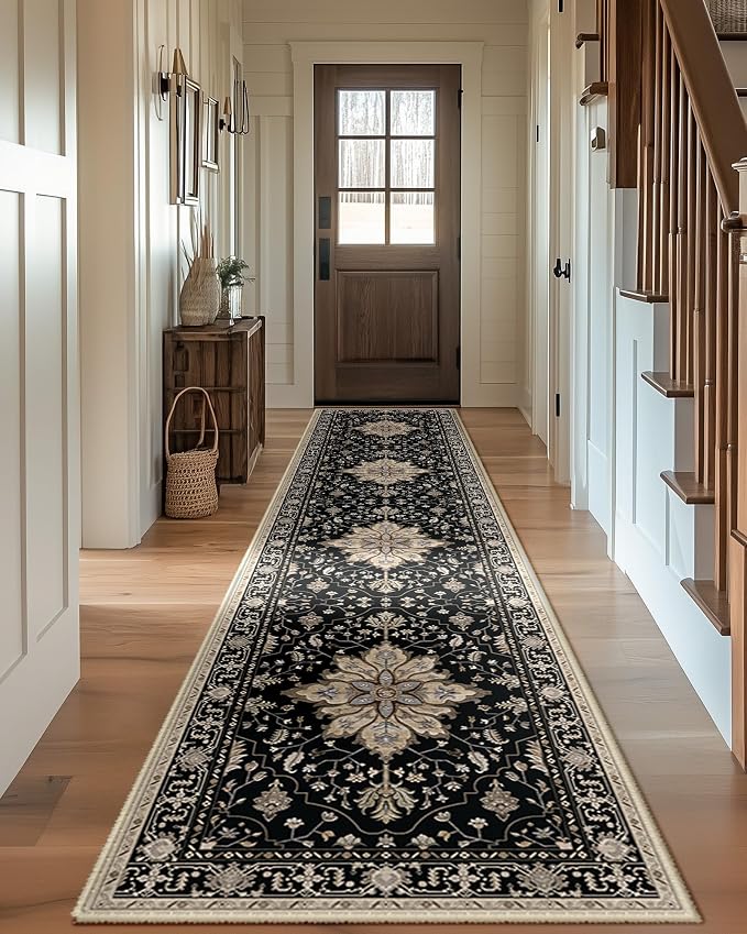 RELEANY Area Rugs Runner 2'x10' Washable Non-Slip, Floral Vintage Distress Medallion Carpet for Kitchen Hallway Bedroom Beside Laundry Room Bathroom, Black Brown Neutral Dark Tan