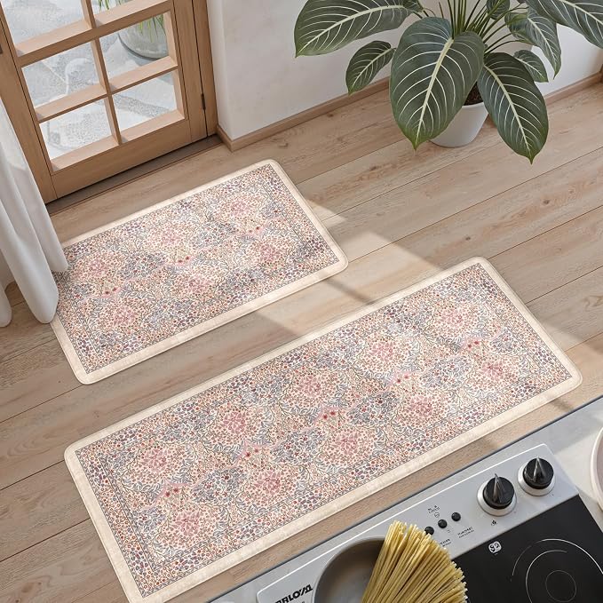 Collive Kitchen Mats for Floor 2PCS, Cushioned Anti Fatigue Mat Waterproof Kitchens Sink Rug Non Slip, Pink/Blue Floral Rugs Comfort Standing Mat for Laundry, Desk, Bar, Office