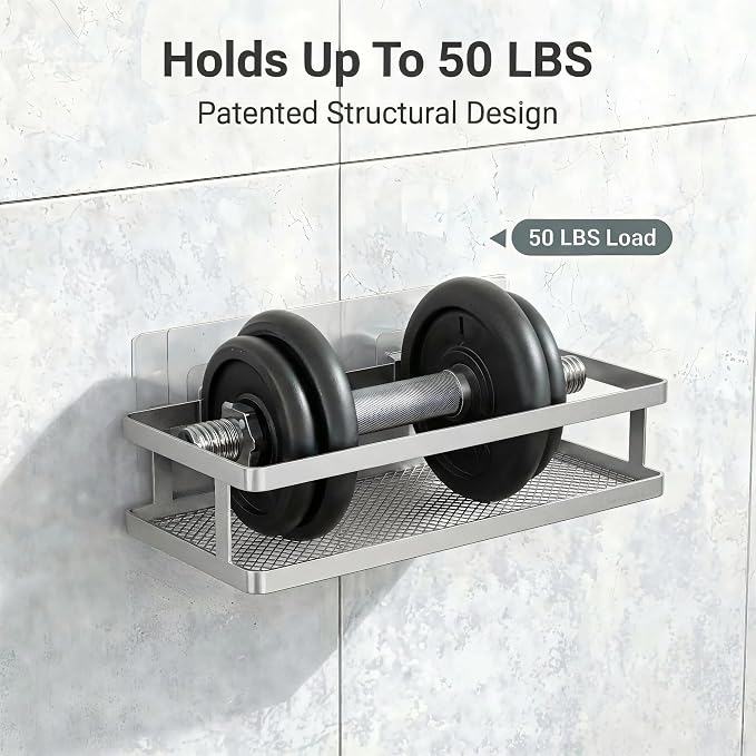 PUSDON 2-Pack Minimalist Shower Caddy Wall Mount, Open Frame Bathroom Shelf Organizer with Mesh Base, Rustproof Floating Spice Rack for Kitchen, Holds 50 LBS, 4 Hooks - Silver Gray, Guardrail