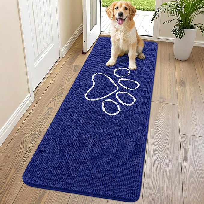 Smiry Dog Door Mat for Muddy Paws, Absorbent Dirt Trapper Non Slip Quick Dry Washable Chenille Mat for Mud Dogs, Entry Rug for Indoor and Outdoor (70x24 Inches, Navy Blue and White)