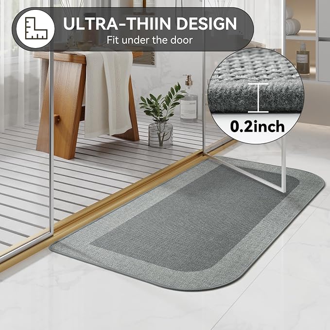 YDKGL Bathroom Runner Rug, Thin Bath Mat Non Slip Washable Large Bathroom Rugs, Rubber Backing Quick Dry for Floor, Tub and Shower, Grey 24x48