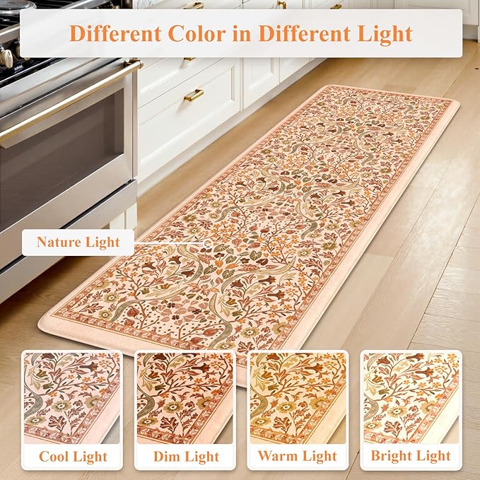 Collive Fall Orange Floral Kitchen Mats, Cushioned Anti Fatigue Kitchens Rugs Set of 2 Non Slip Desk Mats, Waterproof Sink Mat Comfort Standing Rug for Home Office Decoration