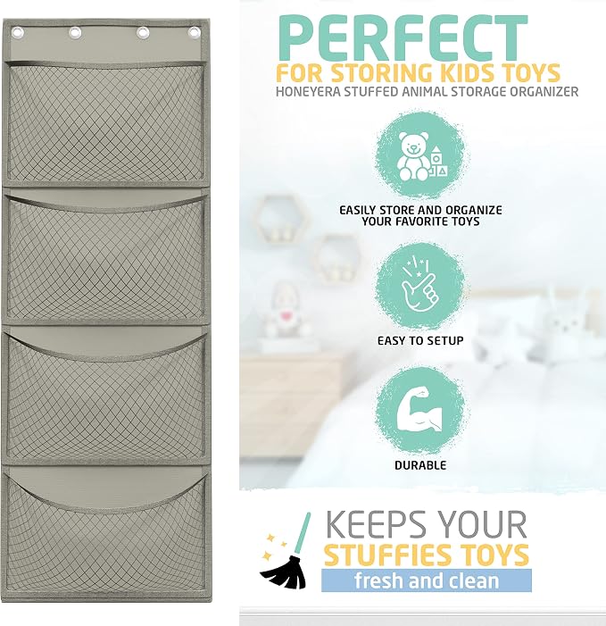 Honeyera Storage for Stuffed Animal - Over Door Organizer for Stuffies, Baby Accessories, and Toy Plush/Easy Installation with Breathable Hanging Pockets (Gray)