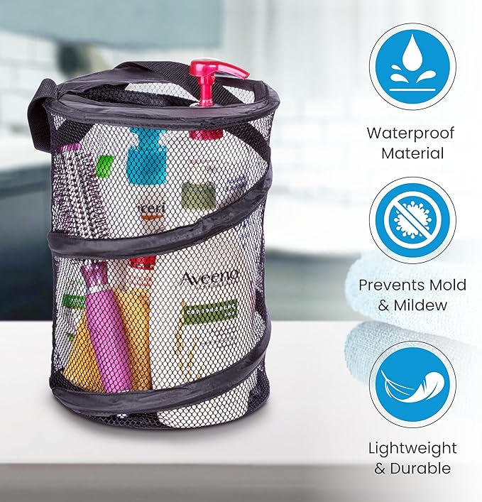 Handy Laundry Foldable Shower Caddy - Collapsible, Portable, Drainage Hole, Carry Handle, Large Compartments, Great Organizer for Camp, Travel, Gym, and Dorm (Black) (Pack of 2)