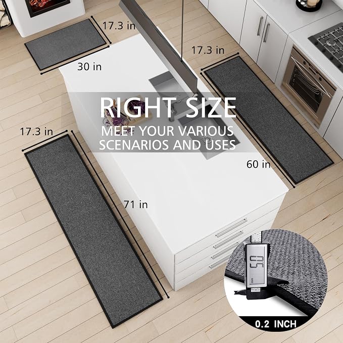 SUMLANS Kitchen Mat Set of 2 PCS, Cushioned Non Slip Rugs for Kitchen Floor, Absorbent Runner Comfort Standing Mats Washable for Kitchen, Office, Home (Black, 17.3"x30"+17.3"x60")
