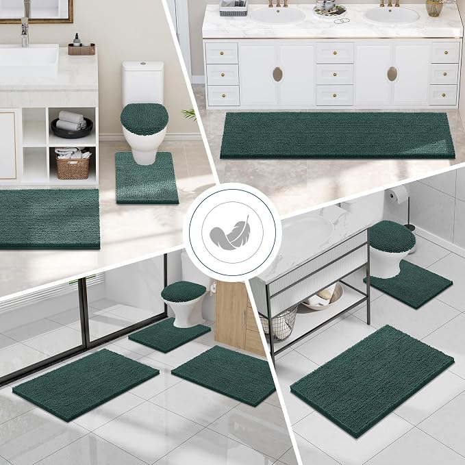 Smiry Luxury Chenille Bathroom Rugs 59x24, Extra Soft and Absorbent Shaggy Bath Mat, Machine Washable, Non-Slip Plush Carpet Runner for Tub, Shower, and Floor, Home Decor Accessories, Green