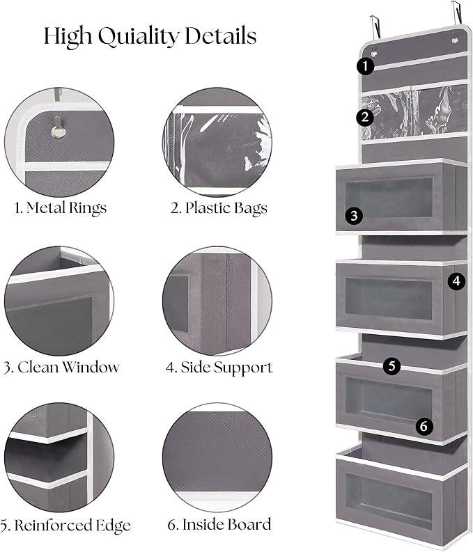 Giraffe Creation Gray Over Door Organizer with 4 Large Clear Pockets, Neutral Hanging Door Storage for Closet, Bathroom, Bedroom, Dorm, Nursery, Toys, Toiletries