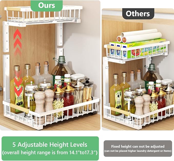 Merrylun Under Sink Organizers,5 Adjustable Height，Metal Pull Out Under Sink Organizers and Storage Shelves with Sliding Drawer 2 pack, White