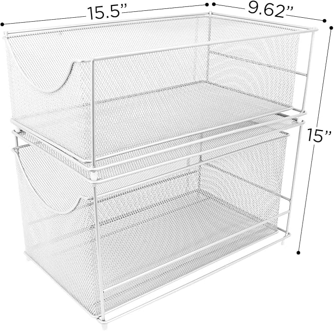 Sorbus® Cabinet Organizer Set—Mesh Storage Organizer with Pull Out Drawers—Ideal for Countertop, Cabinet, Pantry, Under the Sink, Desktop and More (White Two-Piece Set)