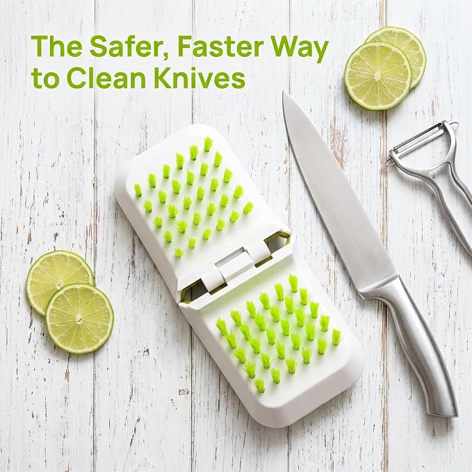 Knife Cleaning Brush, Blade and Cutlery Cleaner Brush with Bristle Scrubber, Non-Slip Handle Kitchen Cleaning Brush for Knives, Utensils, Dishes and Kitchen Tools (Green)