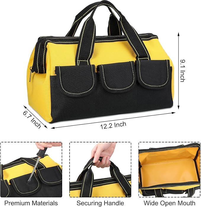 Sanwuta 3 Pack Tool Bag for Men with Waterproof Hard Bottom, Heavy Duty Tool Bag Wide Mouth Tote for Various Instrument, Electrician Carpenter Mechanic(Yellow,13 Inch,Classic)