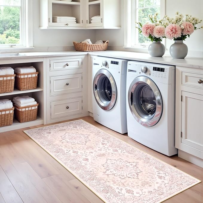 RELEANY Area Rugs Runner 2'x6' Washable Non-Slip, Floral Vintage Distress Medallion Carpet for Kitchen Hallway Bedroom Beside Laundry Room Bathroom, Pink Greypink Cute