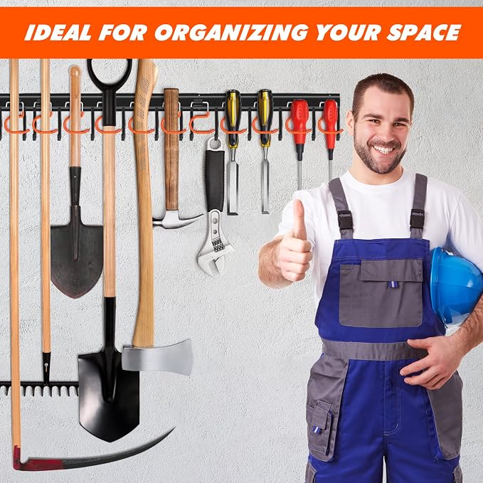 TVKB 51'' All Metal Garden Tool Organizer Adjustable Garage Tool Organizer Wall Mount Garage Organizers and Storage with Heavy Duty Hooks Tool Hangers for Garage Wall, Shed, Garden