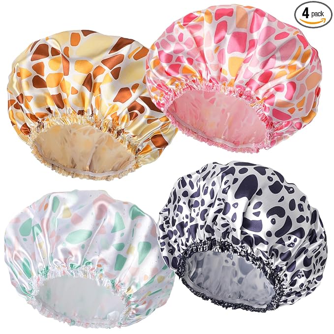 Shower Caps for Women, 4 PCS Elastic and Reusable Bath Caps, Double Layers Shower Cap Reusable Waterproof, Bathing Shower Caps, Environmental Bath Hair Protection Cap - Stone