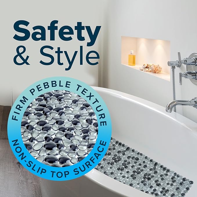 SlipX Solutions Non Slip Pebble Bath Mat for Shower & Bathtub 38x17 | River Rock Look | Accupressure | Massage Bath Mats for Tub | 188 Suction Cups | Machine Washable, Dark Gray Pebbles