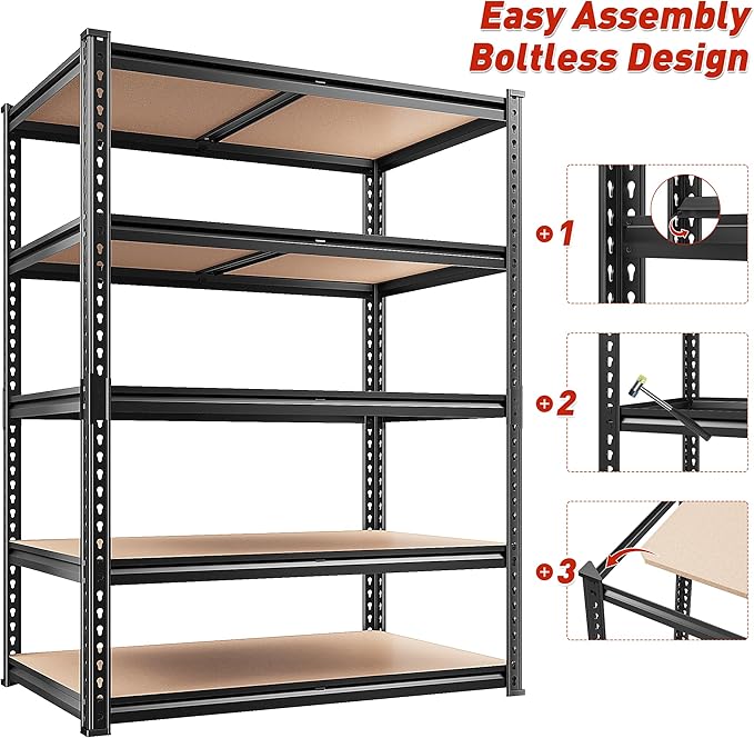 REIBII 2400LBS Garage Shelving 5 Tier Storage Shelves Heavy Duty, Adjustable Metal Shelving Unit,Garage Shelves for Basement,Warehouse,Pantry,Closet,Kitchen 72" H x 35.55" W x 16" D,2 Pack | Heavy Duty