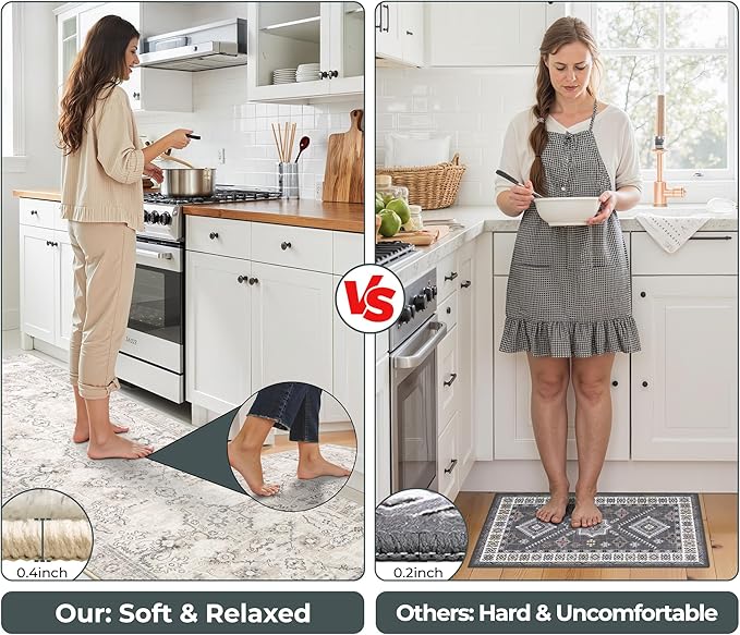 GRANNY SAYS Boho Kitchen Rug Sets of 3, Non Slip Washable Faux Wool Kitchen Mats for Floor, Thick Soft Anti-Fatigue Comfort Standing Mat Runner Rugs for Hallway Laundry Room, Beige