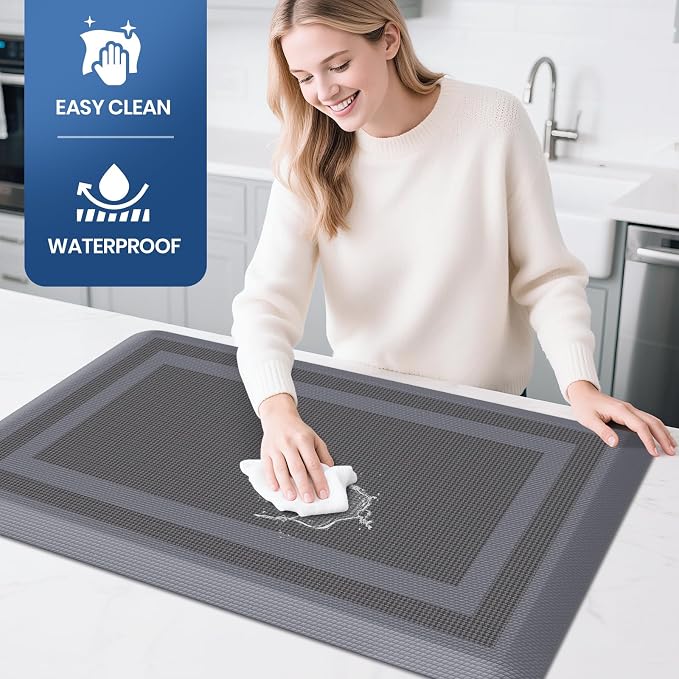 KitchenClouds [2 PCS Kitchen Rugs Cushioned Anti-Fatigue Kitchen Mats for Floor Waterproof Kitchen Rug Set Non-Slip Comfort Standing Mat for Office, Sink, Laundry 17.3"×28"+17.3"×60", Grey