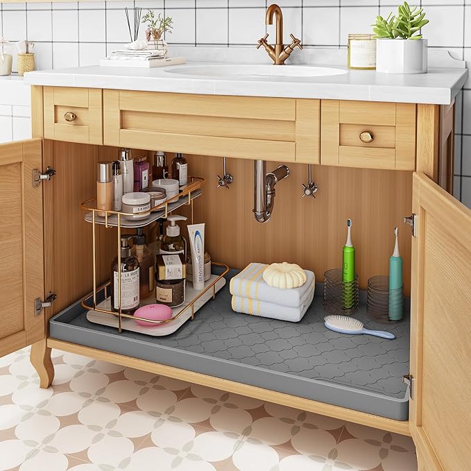 Jin&Bao Waterproof Under Sink Mat 22" x 19", Thick Silicone Mat Cabinet Protector for Kitchen and Bathroom, Shelf Liner, Home Organizer and Storage, Multipurpose Tray for Gadgets and Essentials