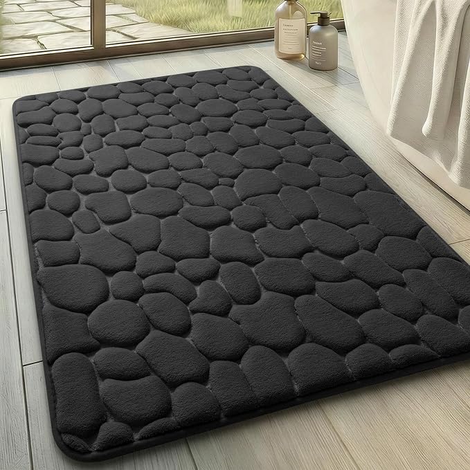 YIHOUSE Memory Foam Bath Mat Cobblestone Bathroom Rugs Super Water Absorbent Bath Mats for Bathroom Machine Washable Bath Rugs(20x32,Black)