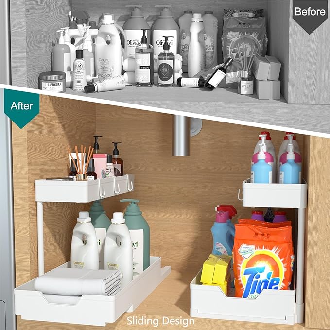 NATURE'S SOURCE 2-Tier Under Sink Organizers and Storage 2 Pack Sliding L-shape Under Cabinet Organizers For Narrow Space Multi-purpose Sink Organizer for Bathroom Kitchen Drawer(White 2 Pack)