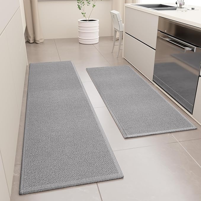 SUMLANS Kitchen Mat Set of 2 PCS, Cushioned Non Slip Rugs for Kitchen Floor, Absorbent Runner Comfort Standing Mats Washable for Kitchen, Office, Home, (Grey, 17.3"x47"+17.3"x71")