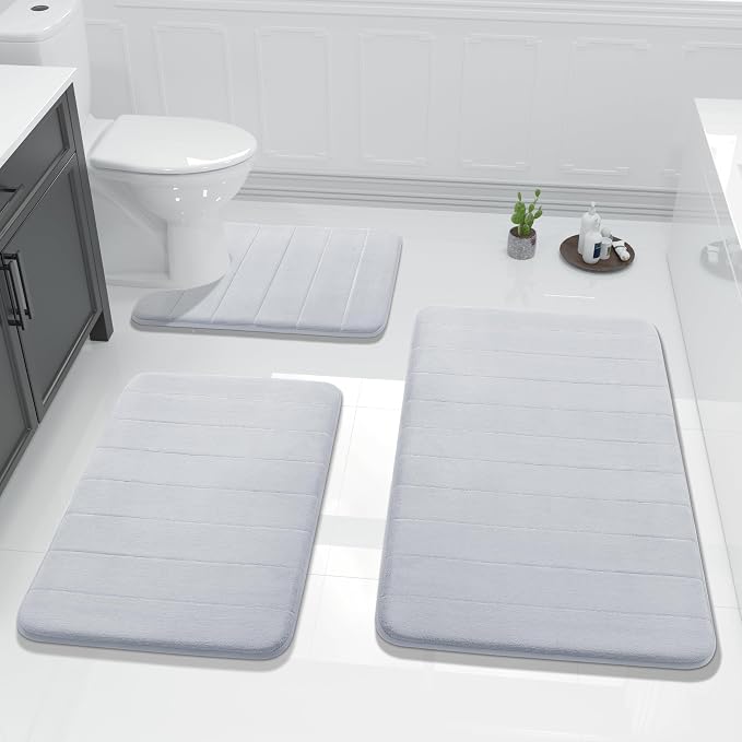 Yimobra 3 Pieces Memory Foam Bath Mat Set with U-Shaped Toilet Rug - Non Slip Super Soft Absorbent Quick Dry Bathroom Rugs for Bathtub, Vanity & Toilet Base, Silver