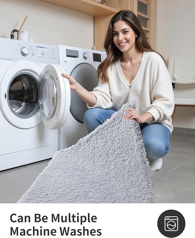 ILANGO Silver Bathroom Rugs 24" × 17" Small Non Slip & Super Absorbent Extra Thick Soft, Washable Bath Mat for Floor, Microfiber Plush Shaggy Bath Rug with Tub for Bathtub Shower Room Sink