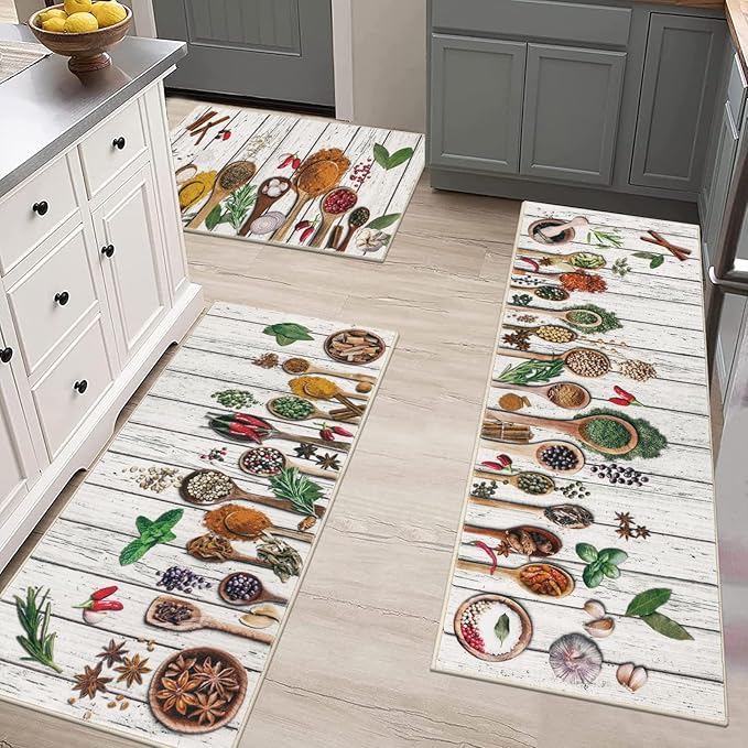 Vaukki Boho Kitchen Rug Sets 3 Pieces, Washable Kitchen Mats for Floor, Non Slip Soft Kitchen Area Rug Floor Mat for Kitchen, Laundry Room and Hallway (Spice-Wooden, 20''x32''+20''x47''+20''x59'')