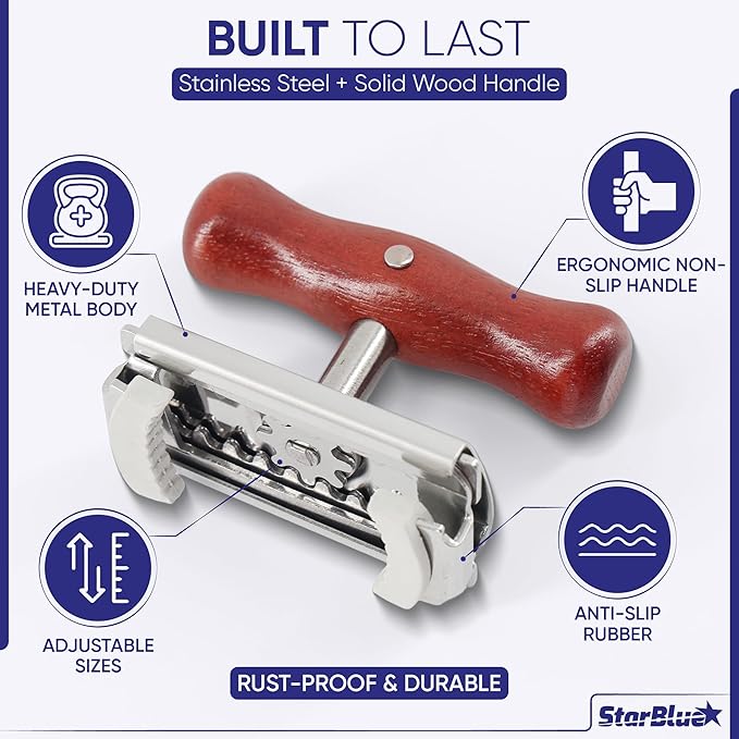 StarBlue Jar Opener for Seniors with Weak Hands – Adjustable Lid Remover Tool for Jars & Bottles – Heavy Duty Stainless Steel with Wood Handle + 2 Extra Anti-Slip Rubber Grips
