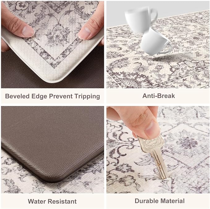 KIMODE Comfort Kitchen Floor Mats Cushioned Anti Fatigue,Boho Vintage Floral Kitchen Rugs Sets of 2,Ergonomic Memory Foam Carpet Non Slip for Sink Laundry Office,Purple Grey 17"x29.5"+17" x47”
