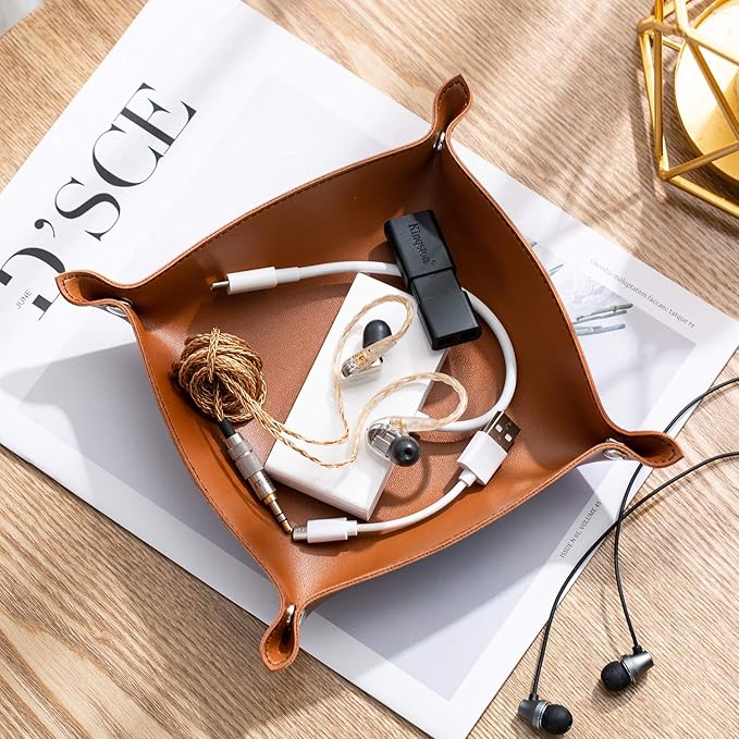 Leather Jewelry Valet Tray for Women and Man, Portable Entryway Table Tray Bedside Nightstand Desk Tray Small Catchall Travel Dish Plate for Key,Wallet,Watch,Coin (2PCs Brown-B)
