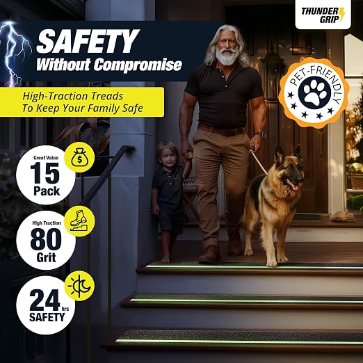 THUNDER GRIP Glow in the Dark 30" x 6" - 15-Pack Outdoor Stair Treads Non-Slip Weather Resistant - Anti Slip Tape for Exterior Wooden Steps - Grip Tape for Stairs Waterproof 80-Grit Adhesive Treads