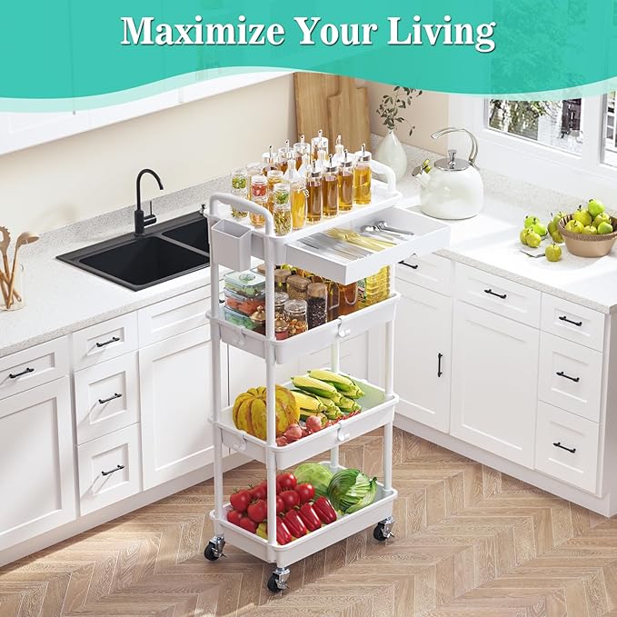 SUNALLY 4 Tier Rolling Utility Cart with Drawer, Storage Organizer Cart with 2 Lockable Wheels, Multifunctional Rolling Storage Cart for Bathroom, Kitchen, Craft, Makeup, Baby Essentials, White
