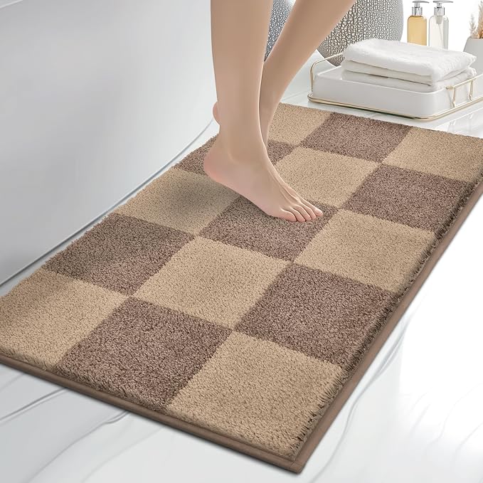 anllugs Bathroom Rugs 20" x 30", Non-Slip Extra Soft Absorbent Bath Rugs, Machine Washable Quick Dry Bath Mats for Bathroom Floor, Shower, Bathtub and Sink, Checkered Grayish Brown & Coffee