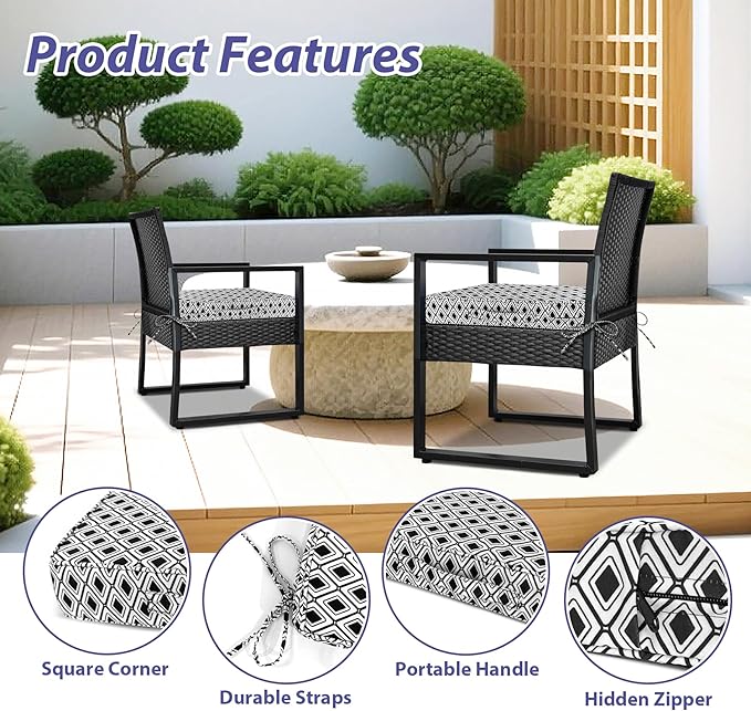 IPYNBAP Outdoor Chair Cushions Set of 4 -Waterproof Outdoor Seat Cushions for Patio Furniture, Patio Chair Cushion with Handle and Ties, Out Door Chair Pads,18.5x16x3-Square, Black Geometry