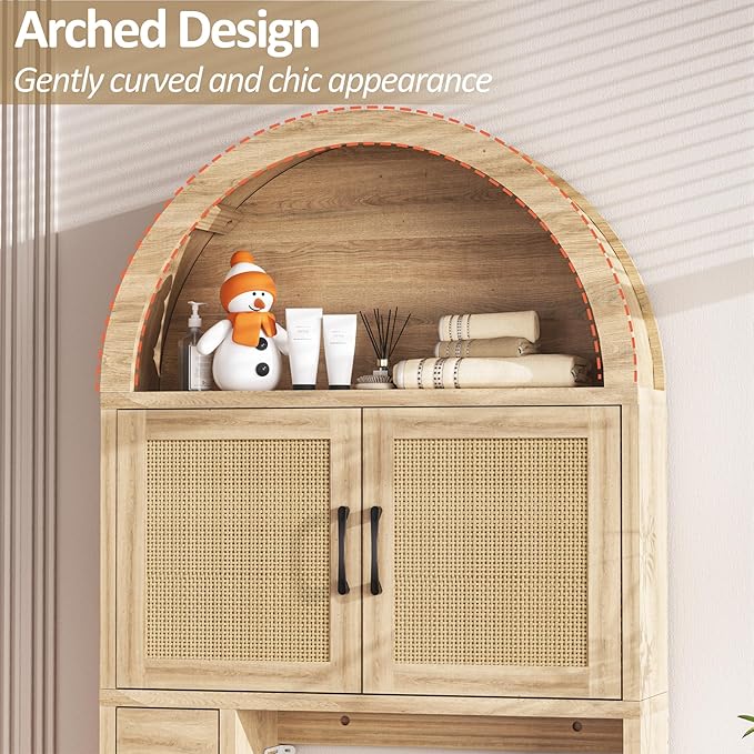 Spurgehom Over The Toilet Storage Cabinet, Bathroom Shelf Organizer Freestanding, Bathroom Arch Cabinet Over Toilet with Toilet Paper Holder and Anti-Tipping Device (Wood & Wicker Door)