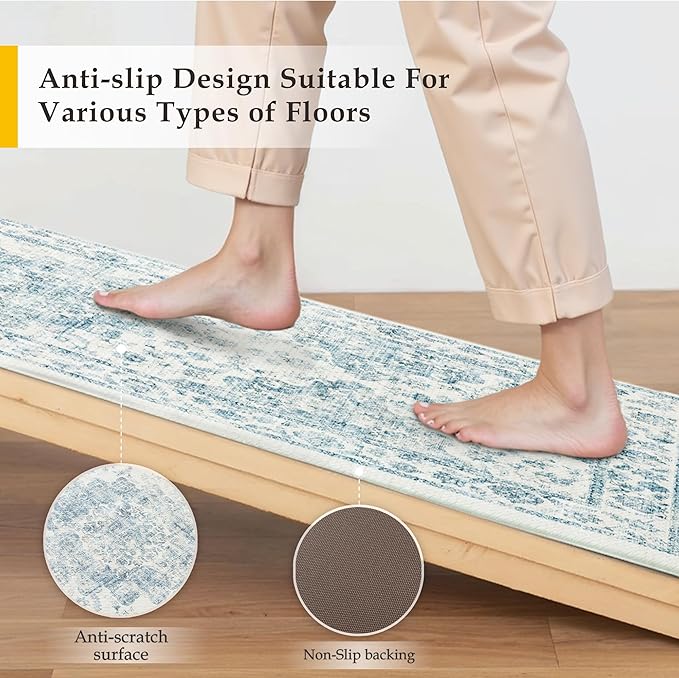 Anti Fatigue Kitchen Mats 2PCS Blue Neutral Mats for Cushioned Vintage Kitchen Matss for Floor Non-Slip Waterproof Comfort Standing Rug for Sink Laundry Office 17.3"×47"+17.3"×30"