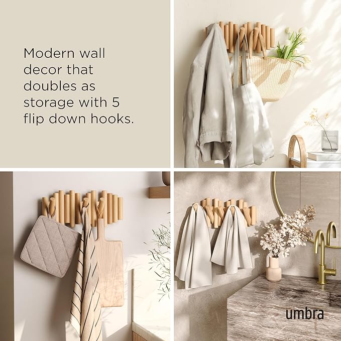 Umbra Picket Coat Rack Wall Mount – 5 Flip-Down Wood Coat Hooks, Modern & Functional Storage, Easy Install Wall Hooks, Natural