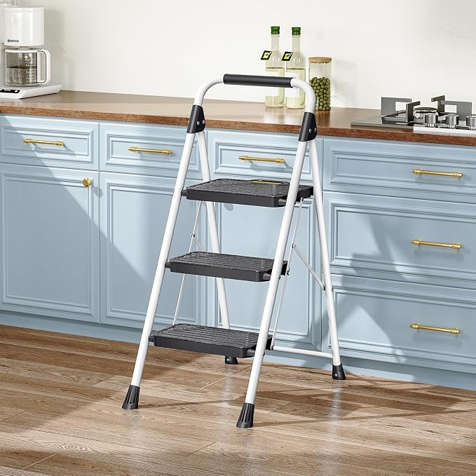 TOOLF 3 Step Ladder, Sturdy Steel Step Stool with Anti-Slip Wide Pedals, Handrail, Safe-Lock Design, Folding Portable Ladder for Multi-Purpose, Home, Kitchen, Pass 800lbs Load Testing, White