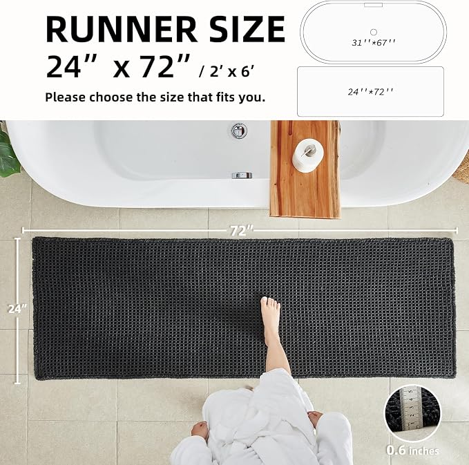 TYUU Black Long Bathroom Rug, Waffle Runner Rug Bathroom Non Slip Washable Super Absorbent Quick Dry Boho Farmhouse Bath Decor, 72"x24" Black